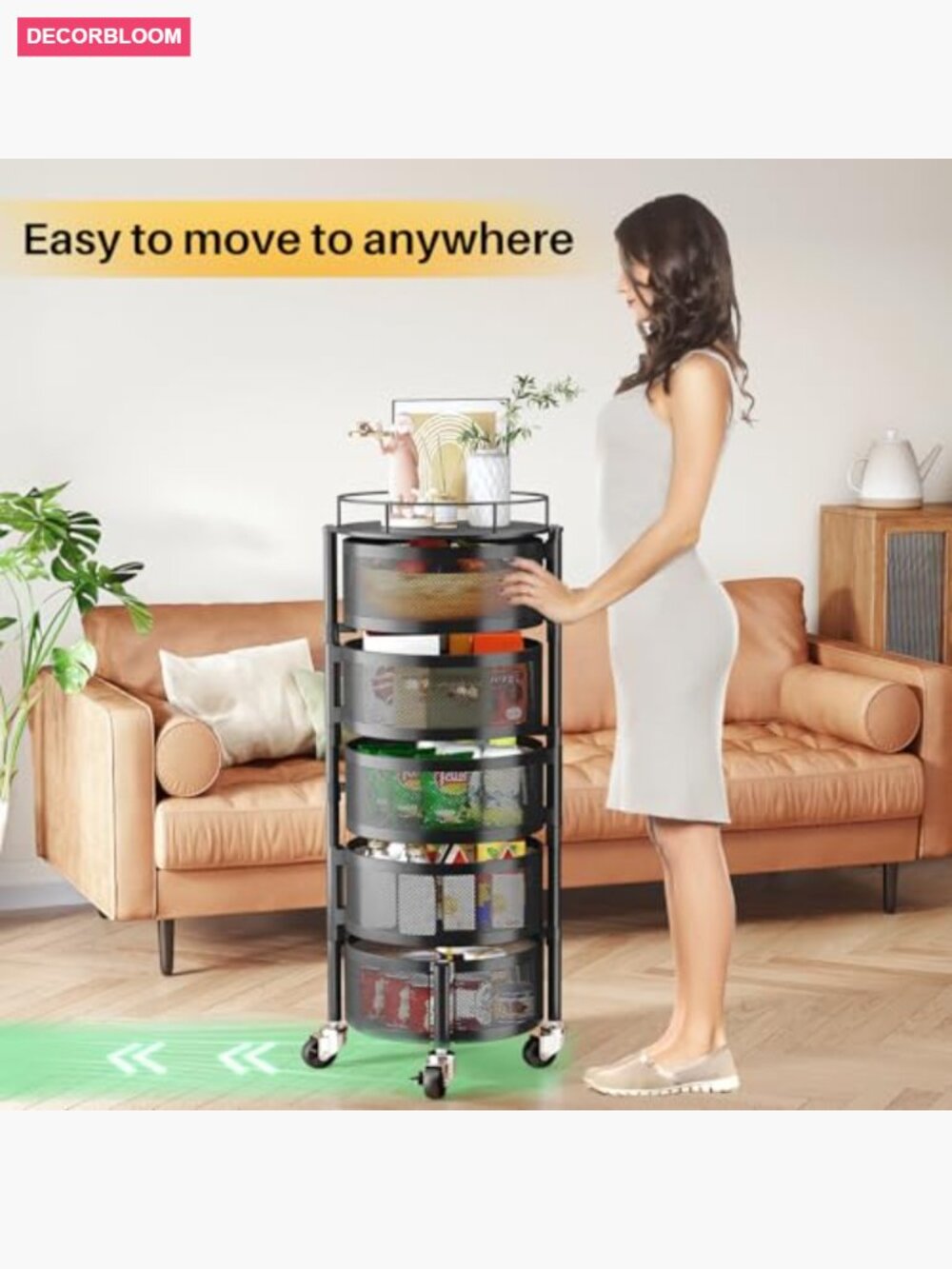 5-Tier Rotating Fruit Basket Storage Cart on Wheels with Lid - Picture 6 of 7